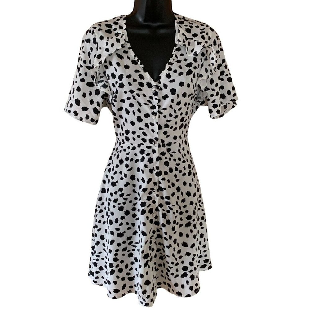 Wednesdays Girl White Black Cow Print Mini Dress Button Down Short Sleeves Small
